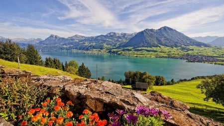 beautiful lake in switzerland - lake, mountains, flowers, towns, shore