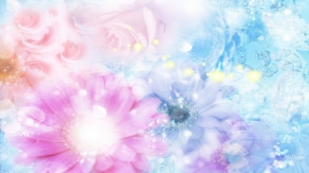 Flowers Softness - summer, pastel, rose, pink, soft, flowers, spring, blue