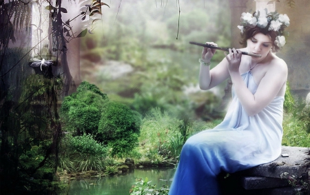 Forest Fairy - beauty, woman, flute player, girl, serene, photography, fantasy, art, musician, forest, blue, beautiful, fairie, digital, fairy