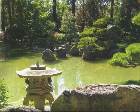 Garden - water, green, rock, trees