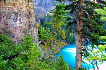 Summer Lake - trees, beautiful, cliff, turquoise waters, lake, forest