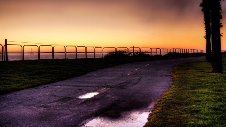 shore road at dusk hdr - trees, shore, rail, hdr, road, sea, dusk