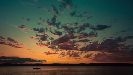 beautiful colored clouds over a lake - lake, clouds, boat, twilight, colors