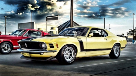 the classic 302 boss for mustang hdr - yellow, car, parking, clouds, hdr, lot