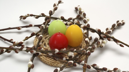 egg candles and willow springs - easter, willow, egg candles, spring, still life