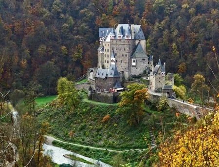 Castle in Fall - moat, white, fall, castle