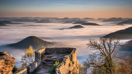 fantastic view fro wegelnburg castle in germany - view, ruins, clouds, castle, fog, mountains