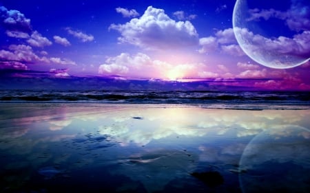 Stars Reflection - clouds, planets, landscape, waves, sea, stars reflection, full moon, sky