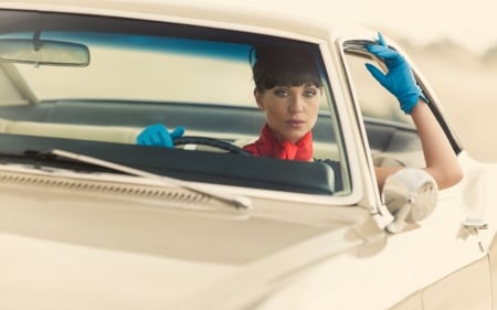 Model - red, model, girl, blue, white, retro, car, vintage, gloves, woman