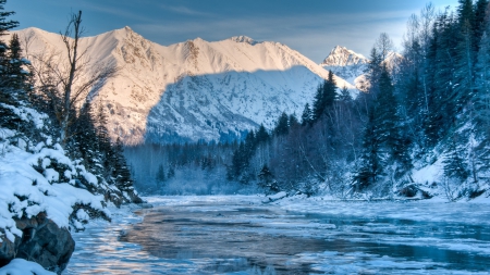 superb alaskan river in winter - ice, sunshine, forest, mountain, river, winter