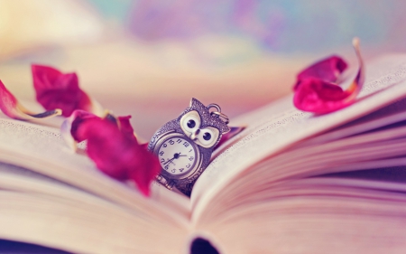 Time for reading - pendant, purple, pink, clock, owl, book, flower