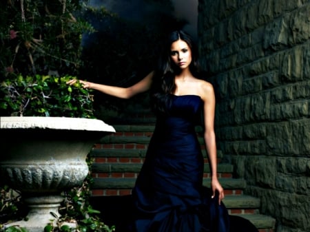 Nina Dobrev as Elena - blue, tv series, dress, girl, night, actress, vampire diaries, stairs, nina dobrev, green, woman, elena