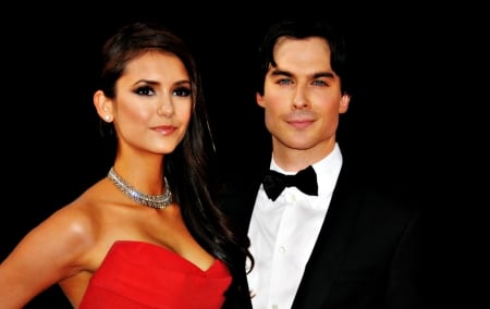 Nina Dobrev and Ian Somerhalder - love, nina dobrev, couple, background, tv series, black, ian somerhalder, red, by cehenot, damon, vampire diaries, elena, dress