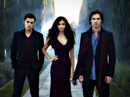 Vampire Diaries (2009-) - woman, paul wesley, stefan, black, fantasy, mist, man, damon, vampire diaries, elena, nina dobrev, actress, girl, tv series, ian somerhalder, actor, dress