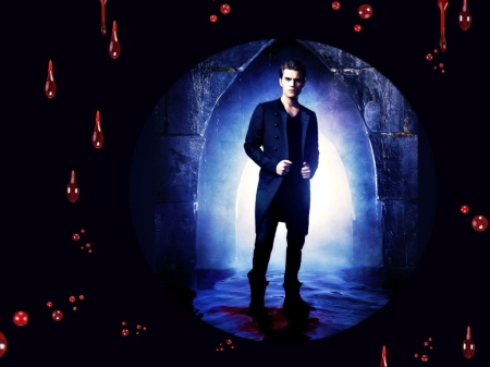 Paul Wesley as Stefan - blood, actor, by cehenot, blue, tv series, light, man, vampire diaries, stefan, black, fantasy, red, paul wesley