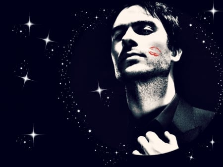 Ian Somerhalder - stars, lips, background, black, ian somerhalder, face, white, man, red, by cehenot, damon, actor, vampire diaries