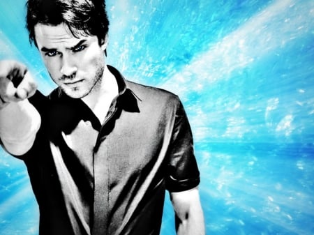 Ian Somerhalder - actor, by cehenot, blue, man, vampire diaries, black, white, Ian Somerhalder, damon