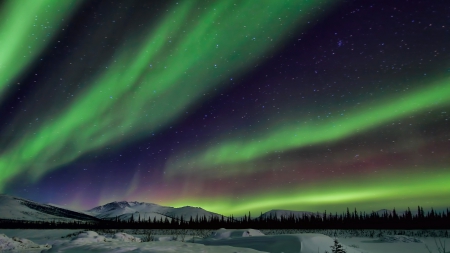 beautiful northern lights over alskan winter landscape - winter, mountains, stars, northern lights