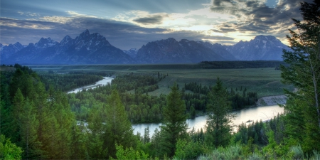 wonderful view of grand teton np in wyoming - mountains, forests, clouds, view, river