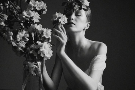 *** - woman, photography, black and white, flowers, vase