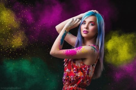 Under a colored powder of stars - beauty, woman, fashion, splash color, powder colored, world colorful