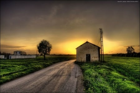 At Sunset - outdoor, road, house, sunset, nature, country