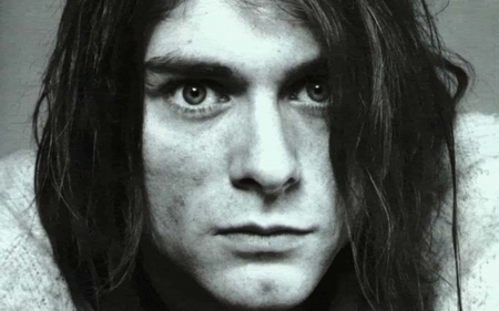 Kurt Cobain,face - vivid, serious, long, dark, hair