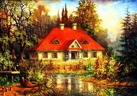 Manor house - cottage, lake, countryside, mill, serenity, painting, art, quiet, calmness, beautiful, manor, house, pond, boat