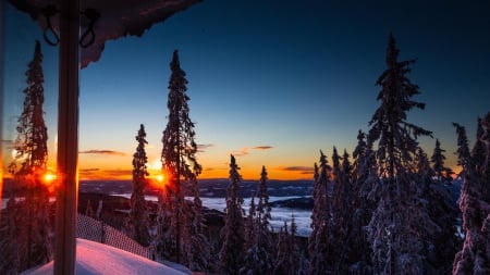 gorgeous winter sunset from a porch hdr - house, winter, sunset, porch, hdr, forest, mountain