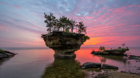 marvelous table top rock on lake huron shore - lake, trees, rock, shore, sunset