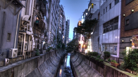 back alley canal in tokyo - city, canal, buildings, alley