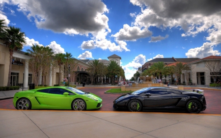 black and green lamborghini gallardos - balck, clouds, center, green, cars, shopping