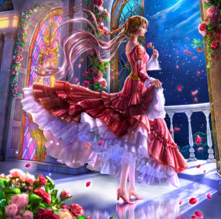 Red Rose - roses, elegant, female, maiden, dress, long hair, gorgeous, takaki, gown, beautiful, girl, beauty, petals, fantasy, lady, rose, floral, fantasy girl