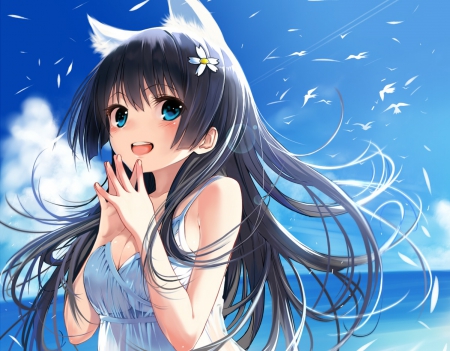 ~Saten Ruiko~ - Saten Ruiko, pretty, anime, Toaru Kagaku no Railgun, birds, water, summer, animal ears, beach, dress, ocean, long hair, black hair, feathers, sky, blue eyes