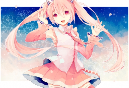 ~Sakura Miku~ - skirt, long hair, pink hair, sakura miku, ponytails, vocaloid, tie, anime, flowers, pink eyes