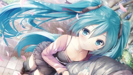 I'll Stick With You - hatsune miku, trees, ribbons, blue eyes, blue fingernails, long hair, spring, ponytails, blue hair, vocaloid, petals, anime, dress