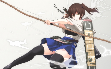 This Is War - brown eyes, anime, ponytail, kaga, warrior, skirt, kantai collection, brown hair, japanese clothes, weapon, bow