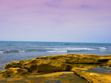 At the Beach - rocky ledges, beach, ocean, waves