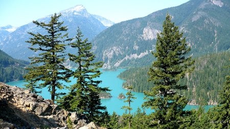 Lake Diablo  - lake, trees, forest, mountains, firefox persona, widescreen, washington