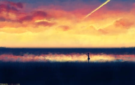 Alone at the field - anime, sunset, alone, toki wa kakeru shoujo, field