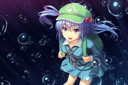 Bubbles!!! - touhou, hat, blue eyes, anime, water, kawashiro nitori, bubbles, dress