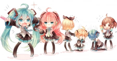 Vocaloid - popsicle, anime, vocaloid, meiko, len kagamine, hatsune miku, long hair, ice cream, short hair, kaito, friends, pink hair, cosplay, blush, rin kagamine, ponytails, megurine luka