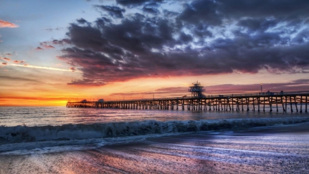 Sunset Wharf - clouds, wharf, surf, sunset, nature, sea, ocean