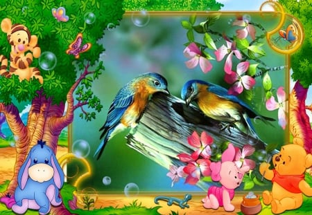 Looking for the nest - Log, flowers, cartoon pictures, butterfly, tree