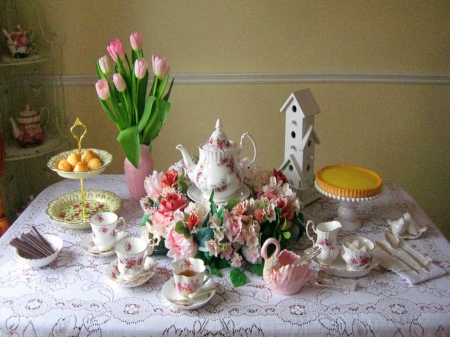 Come for tea - treats, tulips, flowers, table, teapot