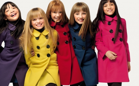 Beautiful girls - beautiful girls, fashionable, smile, colored coats, small models, happy