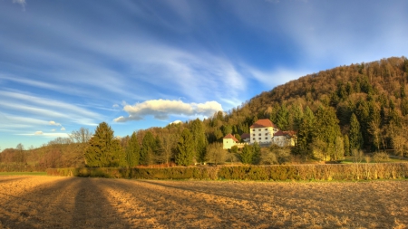 countryside castle in slovenia - hill, fields, sky, trees, castle