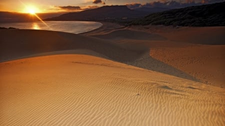 massive sandy beach at sunset - dunes, sunset, beach, sea, sand