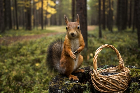 Squirrel's Surprise - basket, trees, nuts, photography, forest