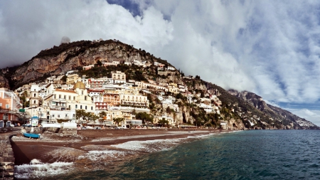 cloud covered positano on the seaside - hill, town, clouds, shore, sea